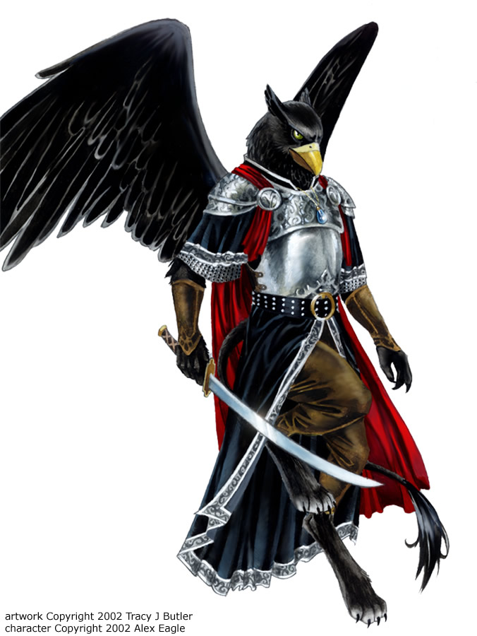 2002 alex_eagle anthro armor artist_name avian beak belt black_body black_feathers bottomwear cape clothing feathered_wings feathers green_eyes gryphon holding_object holding_sword holding_weapon jewelry looking_down male melee_weapon mythological_avian mythology necklace pants simple_background solo sword tracy_j._butler vambraces warrior weapon white_background wings yellow_beak