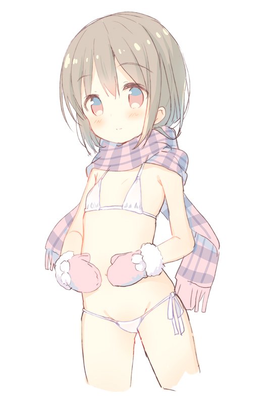 1girl bangs bikini blush brown_hair closed_mouth commentary_request cropped_legs eyebrows_visible_through_hair fringe_trim fur-trimmed_mittens groin hair_between_eyes hands_on_own_stomach long_hair meito_(maze) micro_bikini mittens navel original pink_scarf plaid plaid_scarf red_eyes red_mittens scarf side-tie_bikini simple_background smile solo swimsuit white_background white_bikini