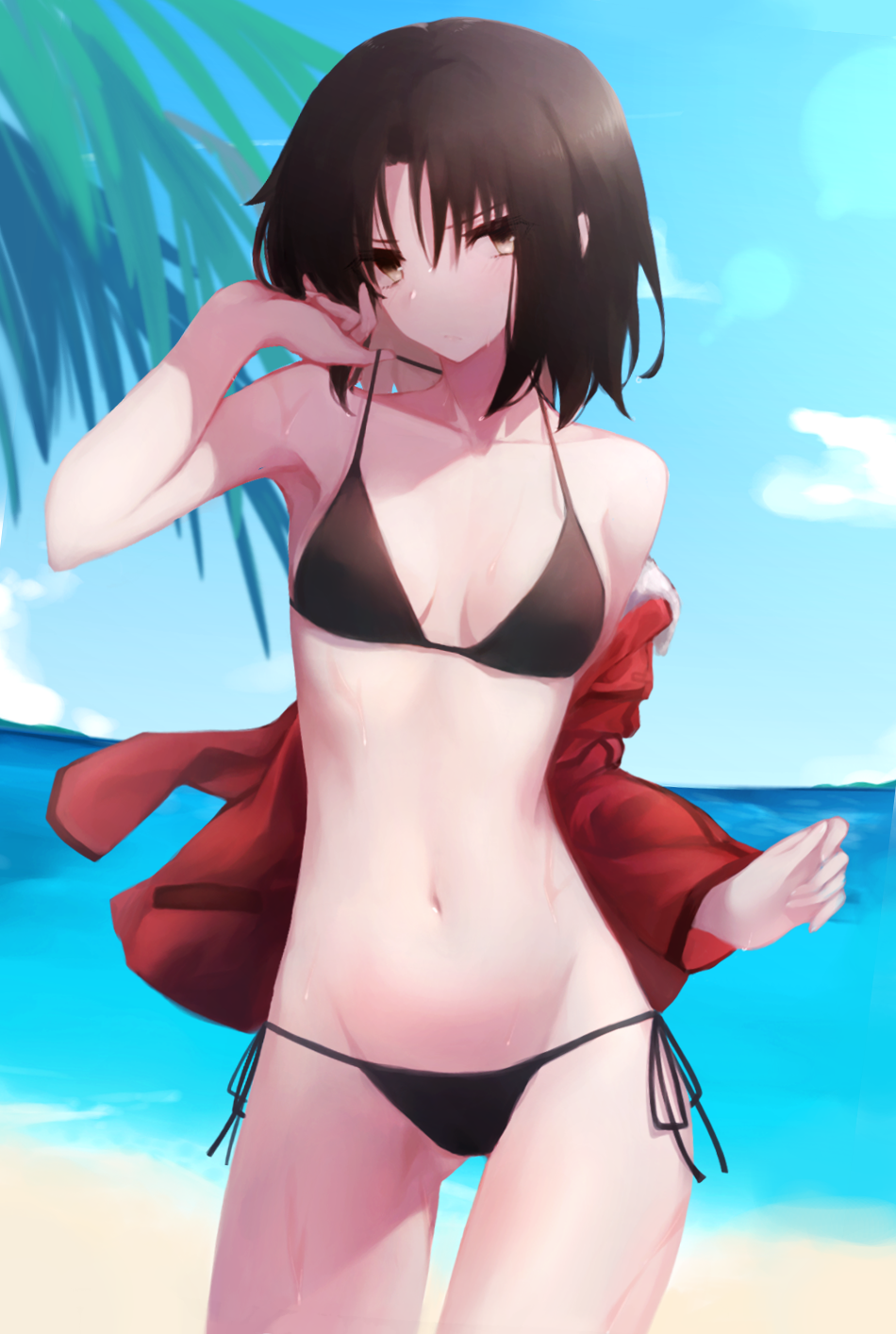 1girl bangs bare_arms bare_legs bare_shoulders beach bikini black_bikini black_eyes black_hair blue_sky breasts cleavage closed_mouth cloud collarbone day gluteal_fold hand_in_hair highres hips jacket kara_no_kyoukai legs looking_at_viewer midriff navel ocean okakasushi outdoors red_jacket ryougi_shiki sand short_hair sky small_breasts solo standing stomach swimsuit thighs tree