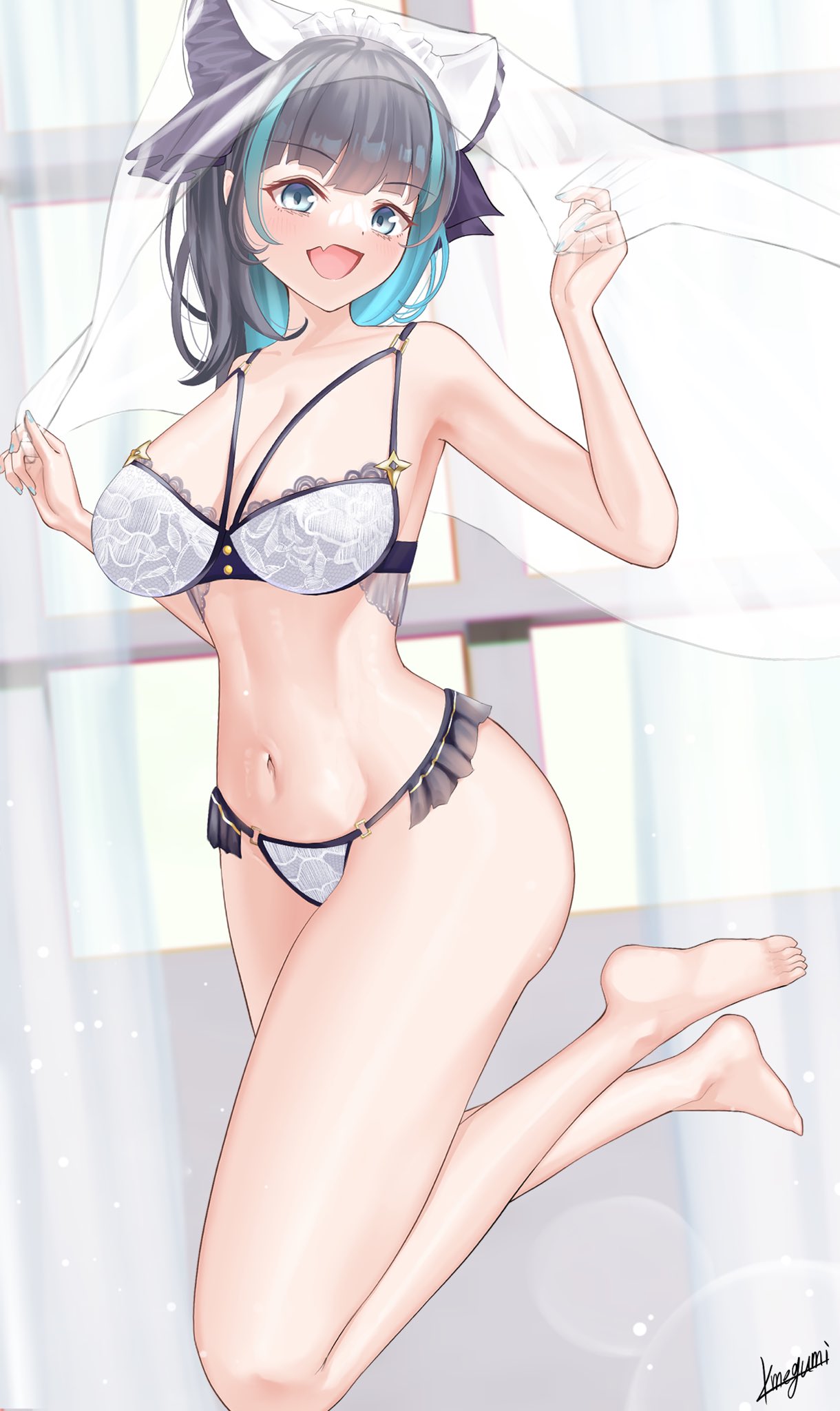 1girl :d azur_lane bangs bare_arms bare_legs bare_shoulders barefoot black_hair blue_eyes blue_hair blunt_bangs bra breasts cheshire_(azur_lane) cleavage commentary_request curtains fang groin highres indoors large_breasts lens_flare looking_at_viewer medium_hair megumi_kei multicolored_hair navel open_mouth skin_fang smile solo stomach thighs underwear underwear_only white_bra window