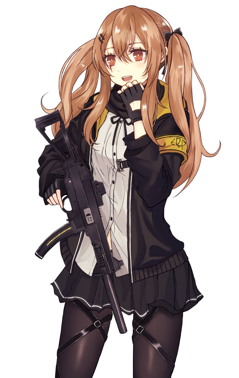 1girl :d armband black_bow black_gloves black_jacket black_pantyhose black_ribbon black_skirt bow brown_hair cowboy_shot fingerless_gloves girls'_frontline gloves gun h&amp;k_ump9 hair_bow hair_ornament hairclip highres holding holding_gun holding_weapon jacket long_hair neck_ribbon open_clothes open_jacket pantyhose red_eyes ribbon scar scar_across_eye shirt simple_background skirt smile solo submachine_gun twintails ump9_(girls'_frontline) weapon white_background white_shirt yukiko_(leovioykk)