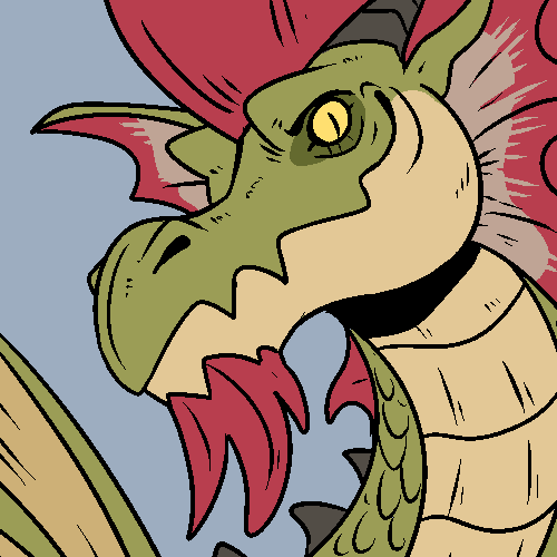 ambiguous_gender black_eyebrows black_horn blue_background closed_mouth dragon ear_frill eyebrows frill_(anatomy) green_body green_scales head_crest head_frill horn imperatorcaesar looking_at_viewer low_res mouth_closed neck_spikes pupils red_frill scales simple_background slit_pupils solo yellow_body yellow_scales