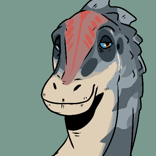 1:1 ambiguous_gender blue_sclera brown_eyes closed_smile dinosaur glistening glistening_eyes grey_body headshot_portrait imperatorcaesar low_res narrowed_eyes portrait red_body reptile scalie simple_background solo tan_body