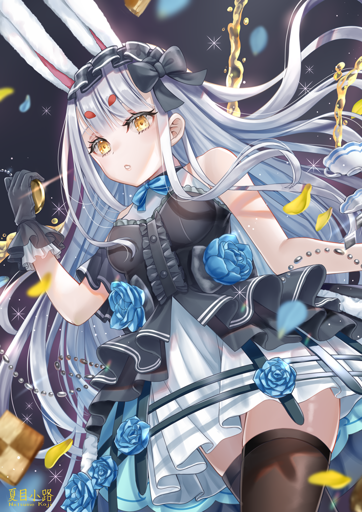 1girl animal_ears azur_lane black_bow black_dress black_gloves black_thighhighs blue_flower blue_rose bow breasts center_frills dress dutch_angle flower frilled_dress frilled_gloves frills from_below gloves hair_bow hairband holding holding_pocket_watch layered_dress lolita_hairband long_hair looking_at_viewer looking_down natsume_koji official_alternate_costume pocket_watch rabbit_ears rose shimakaze_(azur_lane) shimakaze_(the_white_rabbit_of_wonderland)_(azur_lane) short_dress sleeveless sleeveless_dress small_breasts solo thighhighs very_long_hair walking watch white_dress white_hair yellow_eyes zettai_ryouiki