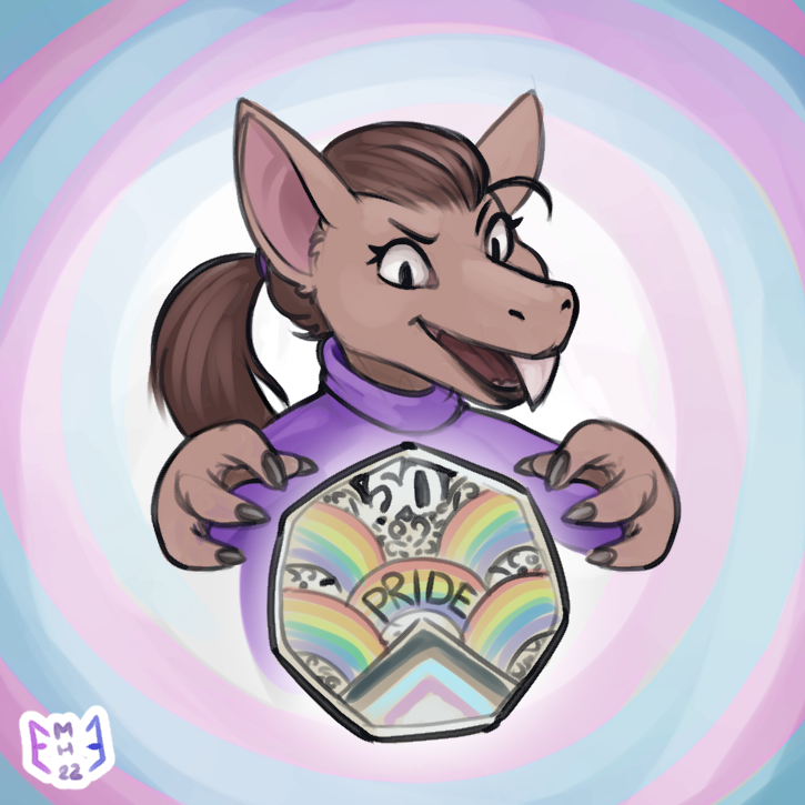 1:1 2022 anthro brown_hair clothing digital_media_(artwork) fangs female hair lgbt_pride mammal miltonholmes out-of-placers ponytail pride_colors purple_clothing purple_shirt purple_topwear shirt smile solo topwear webcomic yinglet