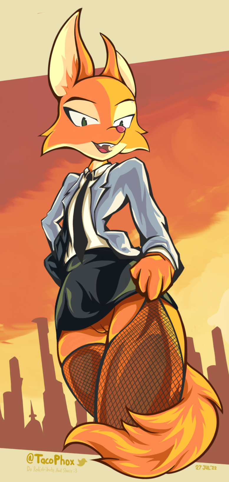 anthro business_suit businesswear canid canine clothing diane_foxington digital_drawing_(artwork) digital_media_(artwork) dominant dominant_female dreamworks female fishnet fishnet_legwear fox fur genitals hi_res legwear looking_at_viewer mammal orange_body orange_fur portrait presenting pussy smile solo suit sunset tacophox the_bad_guys thick_thighs topwear