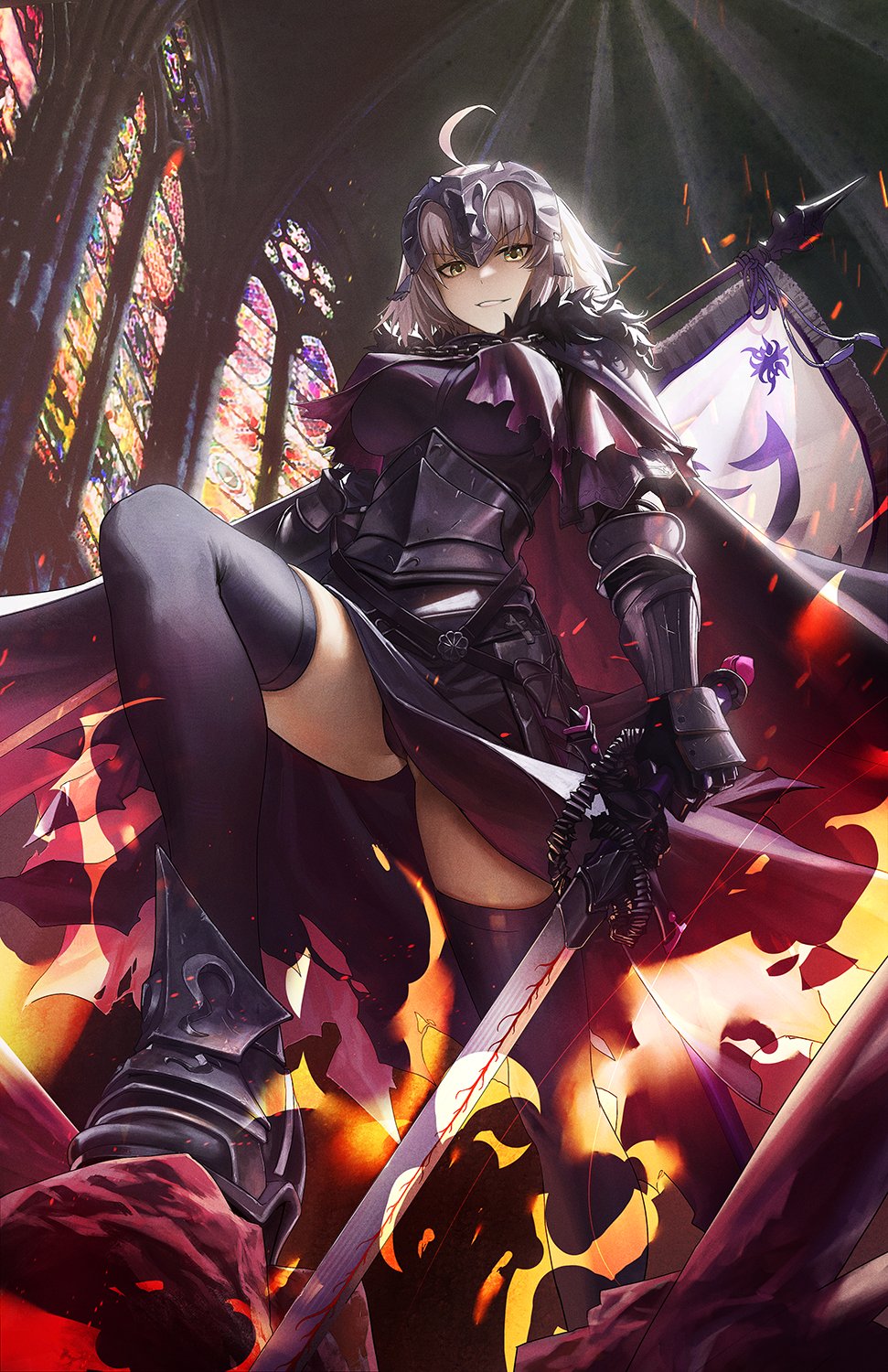 1girl ahoge armor armored_boots armored_dress black_armor black_cape black_dress black_thighhighs boots breasts cape commentary daniel_deng dress english_commentary fate/grand_order fate_(series) faulds fire flag fur-trimmed_cape fur_trim gauntlets grin headpiece highres holding holding_flag holding_sword holding_weapon indoors jeanne_d'arc_alter_(avenger)_(fate) jeanne_d'arc_alter_(avenger)_(first_ascension)_(fate) jeanne_d'arc_alter_(fate) large_breasts looking_at_viewer looking_down short_hair smile solo sword teeth thighhighs torn_cape torn_clothes weapon white_flag white_hair yellow_eyes