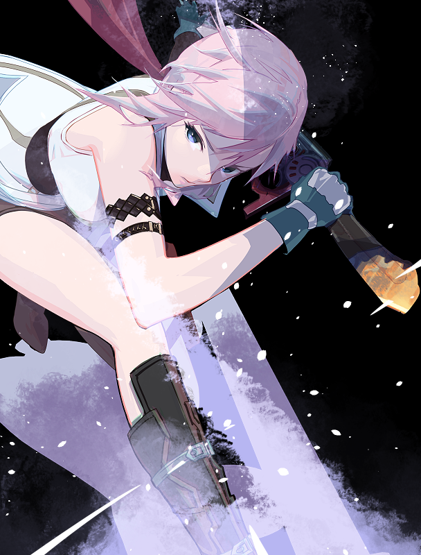 1girl armband black_background black_shorts blue_eyes boots breasts cape cofffee fighting_stance final_fantasy final_fantasy_xiii foot_out_of_frame gloves gunblade hair_between_eyes holding holding_weapon lightning_farron looking_at_viewer medium_breasts medium_hair pink_hair red_cape shirt shorts sleeveless sleeveless_shirt solo weapon white_shirt