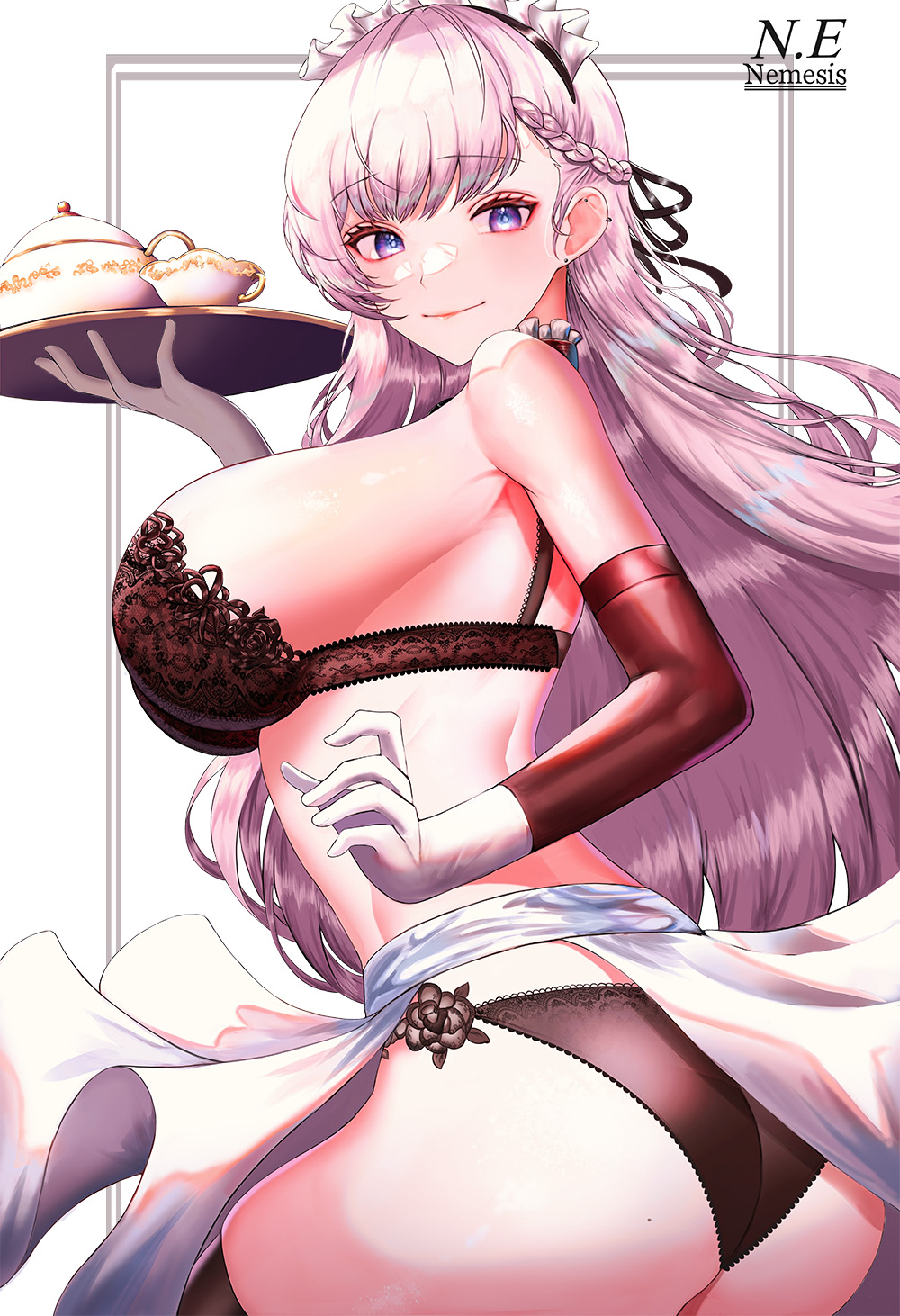 1girl azur_lane bangs belfast_(azur_lane) braid braided_bangs breasts commentary_request ga_yeah gloves highres holding holding_plate large_breasts lingerie lips long_hair maid_headdress multicolored_eyes pink_hair plate simple_background smile solo underwear