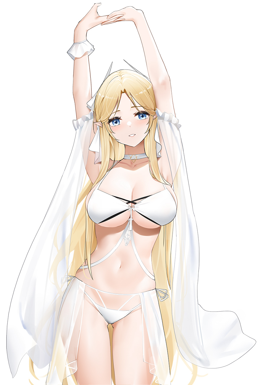 1girl azur_lane bare_shoulders bikini blonde_hair blue_eyes breasts brest_(azur_lane) cleavage dress highres large_breasts long_hair looking_at_viewer navel panties pointy_ears qing_wu revealing_clothes shawl solo swimsuit thighs underwear very_long_hair white_background white_bikini white_panties
