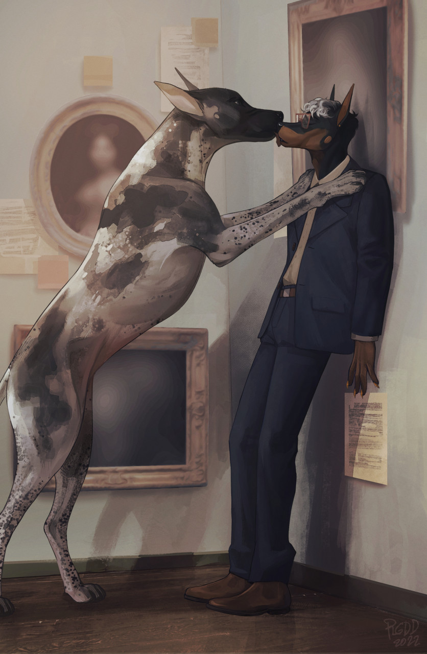 2022 ambiguous_gender anthro anthro_on_feral bestiality canid canine canis clothed clothing detailed_background digital_media_(artwork) domestic_dog duo eyewear feral glasses hair hi_res licking male male/ambiguous mammal plgdd tongue tongue_out white_hair