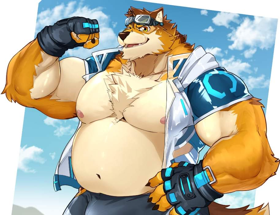 anthro barrel_(live-a-hero) belly beowolftt biceps bottomwear bulge canid canine canis claws clothing eyewear fingerless_gloves flexing fur gloves goggles handwear lifewonders live-a-hero looking_at_viewer male mammal multicolored_body multicolored_fur musclegut navel nipples pecs shorts solo video_games wolf