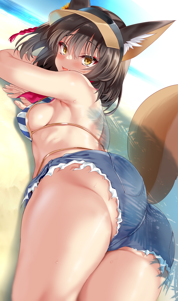 1girl animal_ear_fluff animal_ears bare_arms beach bikini blue_archive blush breasts brown_hair cle_masahiro denim denim_shorts fox_ears fox_girl fox_tail from_behind izuna_(blue_archive) izuna_(swimsuit)_(blue_archive) looking_at_viewer lying on_stomach outdoors scarf short_hair shorts smile solo striped striped_bikini sweat swimsuit swimsuit_under_clothes tail thighs visor_cap yellow_eyes