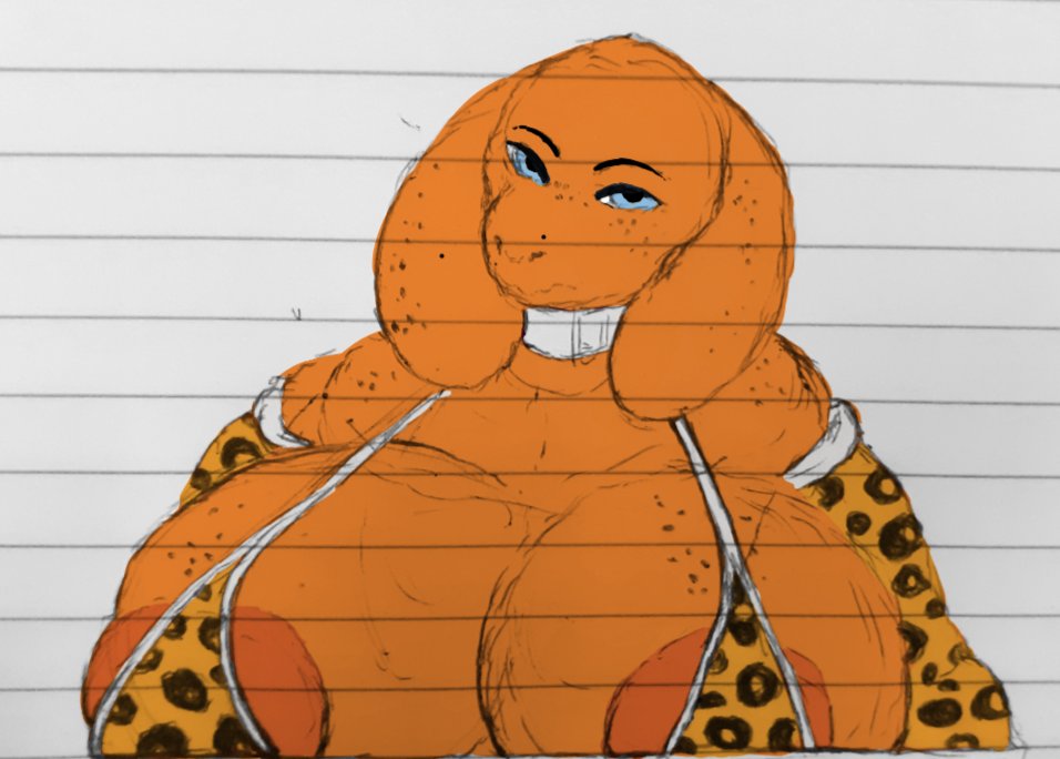 animal_print anthro areola big_areola big_breasts black_clothing blue_eyes breast_markings breasts clothing collar digital_media_(artwork) elemental_creature female fungi_fauna fungus huge_breasts leopard_print long_ears looking_at_viewer markings mush_(tacofoxbrazil) orange_body orange_clothing puffy_areola solo tacofoxbrazil traditional_media_(artwork)