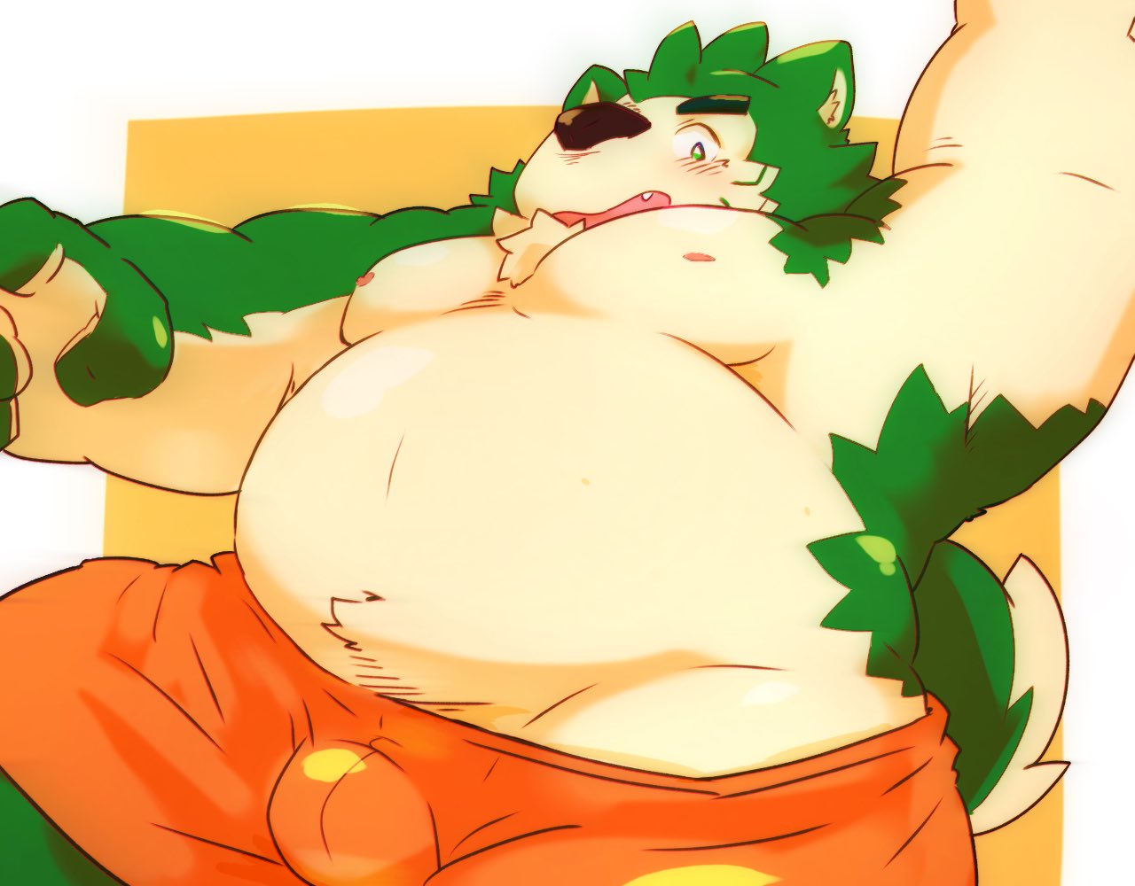 2022 anthro belly big_belly blush bulge canid canine canis clothing domestic_dog green_body humanoid_hands kemono lifewonders live-a-hero male mammal mokdai moobs navel nipples overweight overweight_male solo torausimuma7 underwear video_games