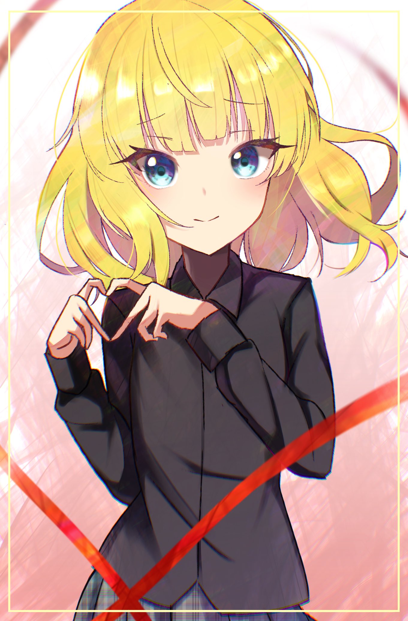 1girl bangs black_shirt blonde_hair blue_eyes blunt_bangs closed_mouth collared_shirt dress_shirt framed gochuumon_wa_usagi_desu_ka? grey_skirt hatimitu807 heart heart_hands highres kirima_syaro long_hair long_sleeves looking_at_viewer miniskirt plaid plaid_skirt pleated_skirt red_ribbon ribbon school_uniform shiny shiny_hair shirt skirt smile solo straight_hair tedeza_rize's_school_uniform upper_body wing_collar