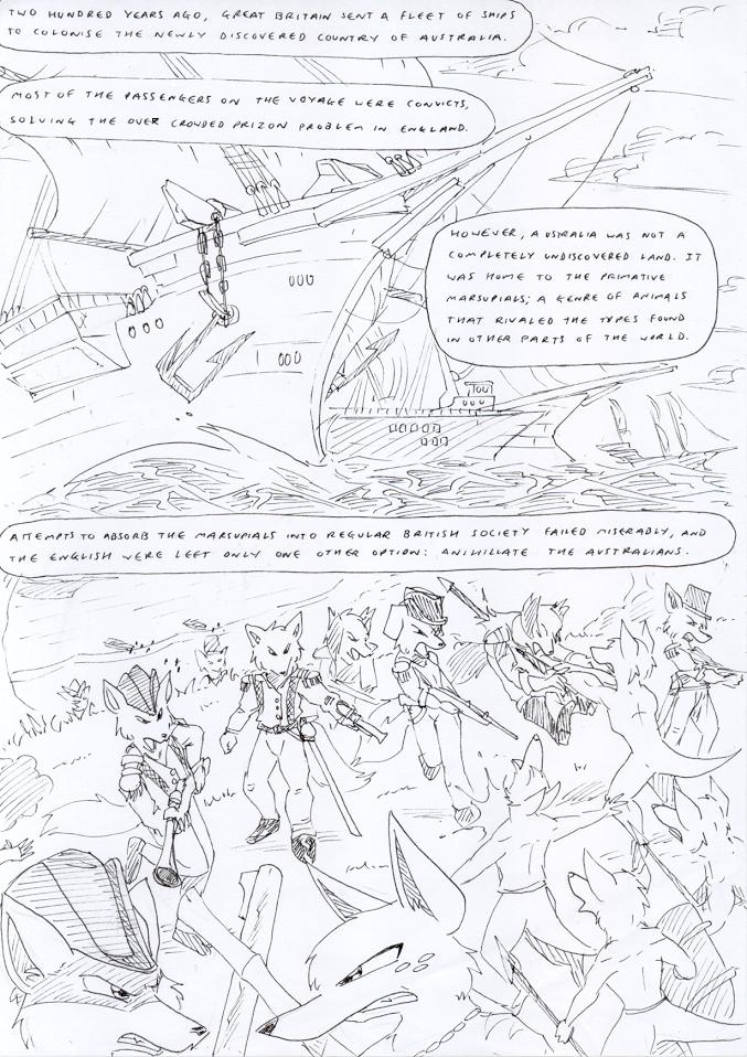 anthro black_and_white blunderbuss canid canine clothing comic crowd death english_text grass group gun gunshot hat headgear headwear historical kangaroo kitfox-crimson macropod male mammal marsupial melee_weapon monochrome nature nature_background plant polearm ranged_weapon rifle saber sea shield ship sketch spear text vehicle war water watercraft weapon