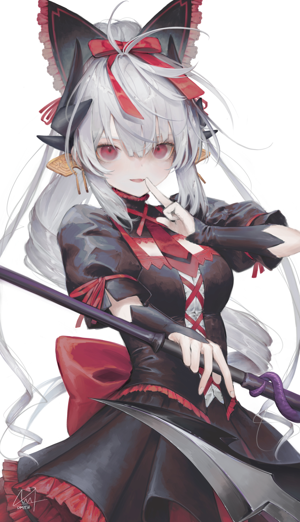 1girl bangs black_bow black_dress bow breasts cosplay cowboy_shot dmith dress fate/grand_order fate_(series) frilled_bow frilled_dress frills gate_-_jieitai_ka_no_chi_nite_kaku_tatakaeri grey_hair hair_between_eyes hair_bow highres holding holding_polearm holding_weapon kiyohime_(fate) kuji-in long_hair looking_at_viewer medium_breasts parted_lips polearm ponytail puffy_short_sleeves puffy_sleeves red_bow red_eyes rory_mercury rory_mercury_(cosplay) short_sleeves signature simple_background smile solo standing two_side_up very_long_hair weapon white_background