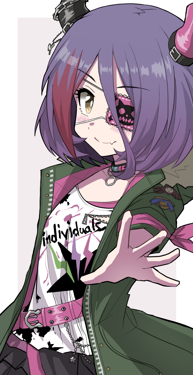 1girl bangs belt black_skirt blush breasts closed_mouth coat collarbone eyepatch fang fang_out green_coat halulu hayasaka_mirei highres horns idolmaster idolmaster_cinderella_girls looking_at_viewer multicolored_hair open_clothes open_coat outstretched_arm purple_eyes reaching_out shirt short_hair skin_fang skirt small_breasts smile solo streaked_hair upper_body white_shirt yellow_eyes