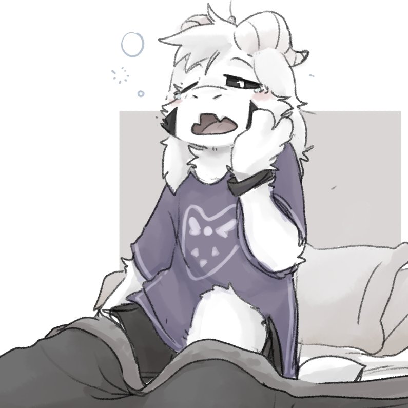 anthro asriel_dreemurr bed bedding blanket bovid bracelet caprine clothed clothing delta_rune_(emblem) drowsy fur furniture goat horn jewelry male mammal on_bed open_mouth pillow pop2hotzz solo symbol tired tired_eyes under_covers undertale undertale_(series) video_games white_body white_fur yawn