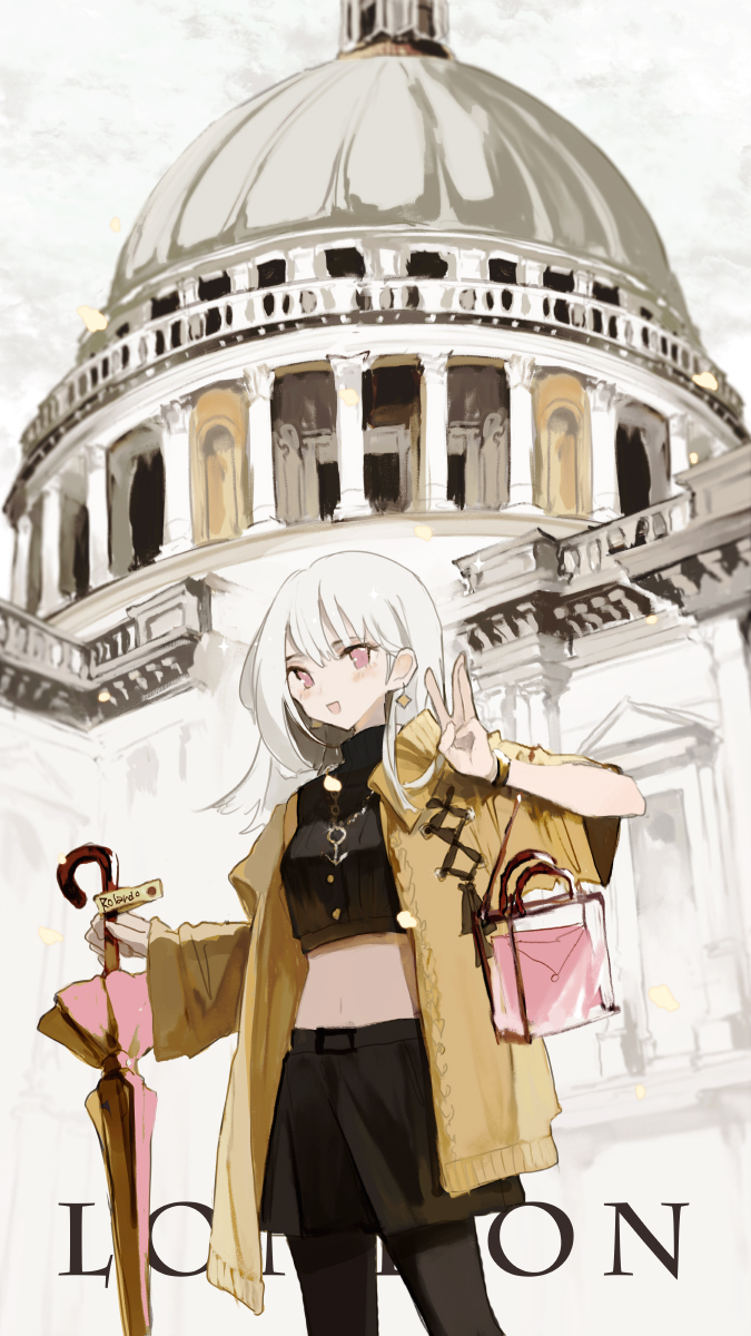 1girl asahiro bag black_pantyhose black_skirt black_sweater dome handbag highres london midriff original pantyhose pillar red_eyes skirt smile solo st._paul's_cathedral sweater umbrella white_hair