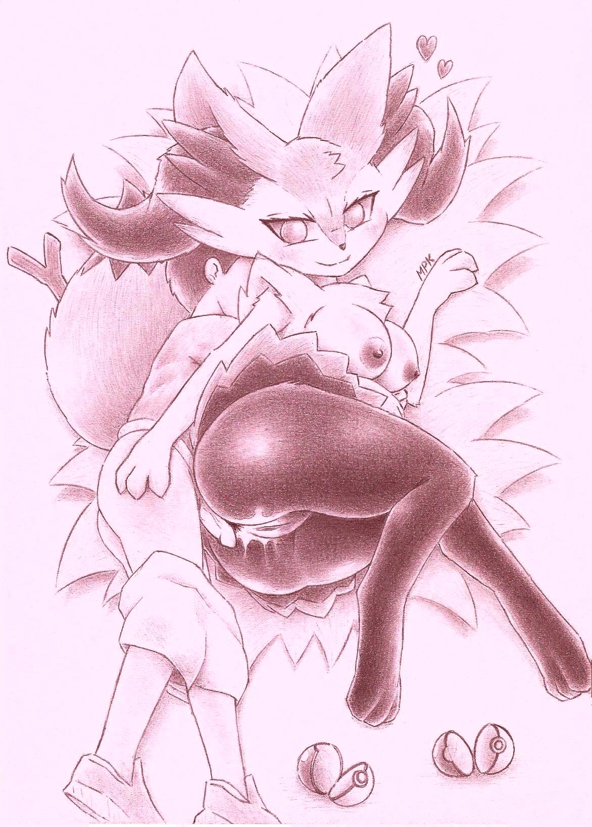 age_difference anthro braixen breasts child clothed clothing duo female fullfolka genitals graphite_(artwork) hi_res human male male/female mammal nintendo nipples penis pok&eacute;ball pok&eacute;mon pok&eacute;mon_(species) pussy size_difference sleeping smaller_human traditional_media_(artwork) video_games young younger_male