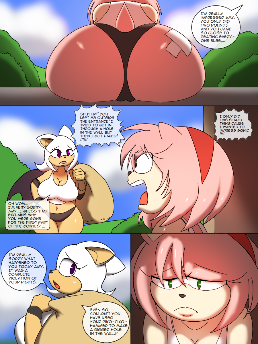 accessory amy_rose anthro big_butt breasts butt butt_focus chiropteran clothing comic duo eulipotyphlan female frown green_eyes hair_accessory hairband hedgehog hi_res mammal panties purple_eyes rouge_the_bat sad sega shirt sonic_the_hedgehog_(series) tank_top topwear underwear zaviel