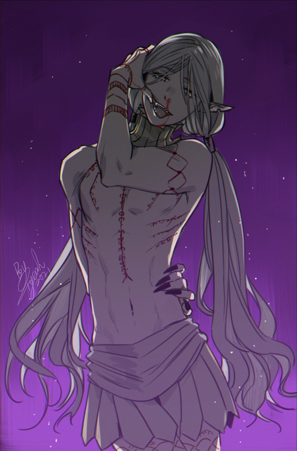 1boy androgynous arm_behind_back arm_tattoo blood blood_on_face chest_tattoo cowboy_shot dungeon_meshi elf finger_to_mouth fingernails gorget grey_hair hair_over_eyes hand_on_hip hand_on_own_cheek hand_on_own_face hand_on_own_head hand_up head_tilt highres leg_tattoo light_particles long_fingernails long_hair looking_at_viewer low_twintails lycion navel nosebleed notched_ear open_mouth pointy_ears purple_background sharp_fingernails solo tattoo teeth toned toned_male tongue tongue_out topless_male twintails very_long_hair warlock1000 yellow_eyes