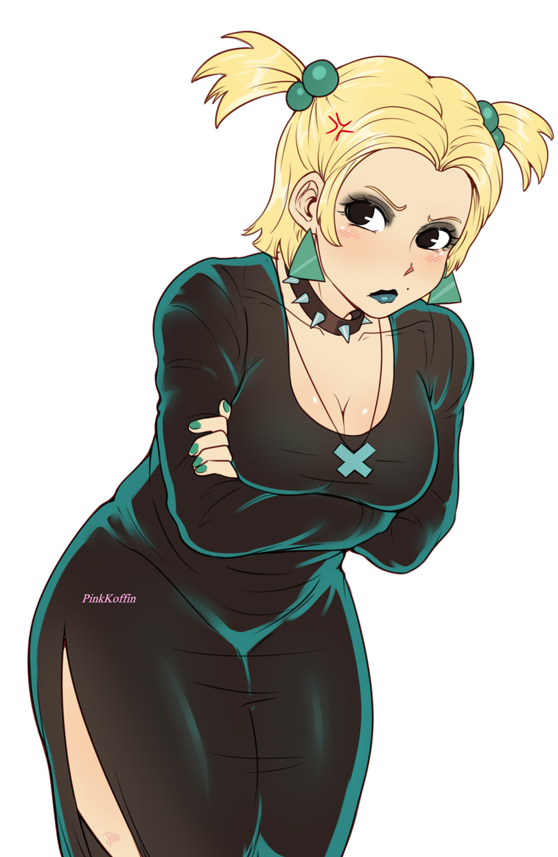 1girl artist_name black_dress blonde_hair blush breasts choker cleavage cowboy_shot crossed_arms dress dusk_(scooby-doo) earrings green_nails highres jewelry long_sleeves medium_breasts necklace pinkkoffin scooby-doo short_hair short_twintails side_slit simple_background solo spiked_choker spikes triangle_earrings twintails white_background