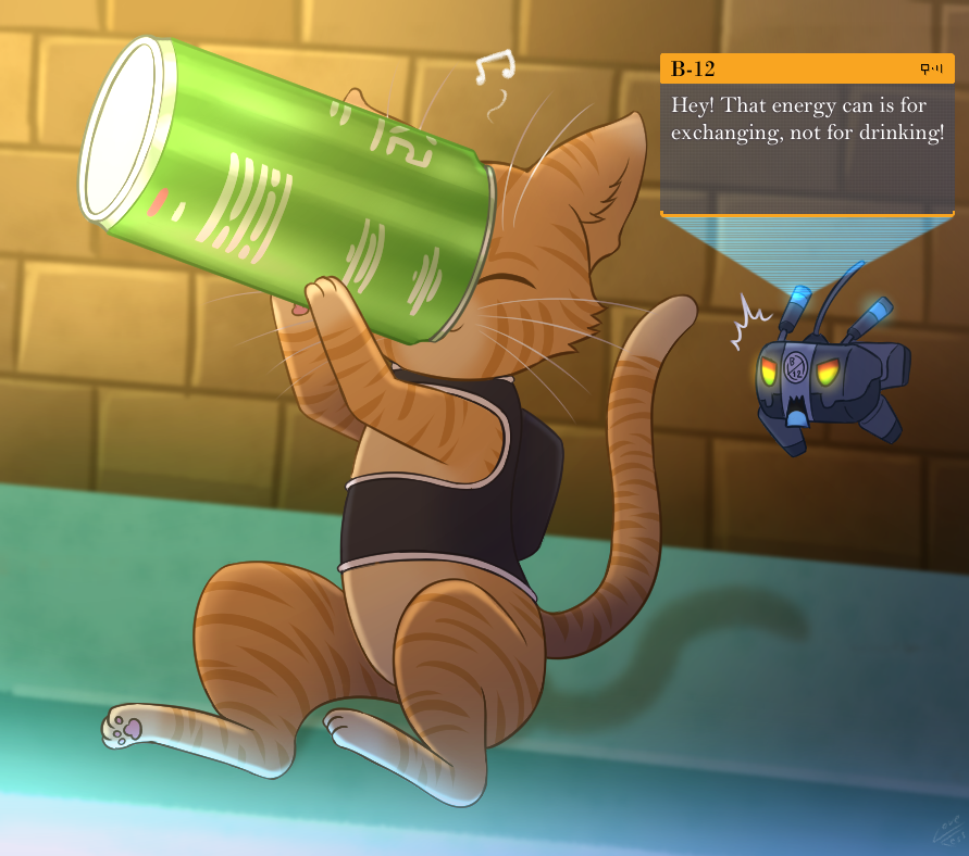 ambiguous_gender b-12_(stray) beverage clothing duo energy_drink eyes_closed felid feline feral fur hovering machine mammal orange_body orange_fur robot sitting stray_(video_game) text text_box vavacung