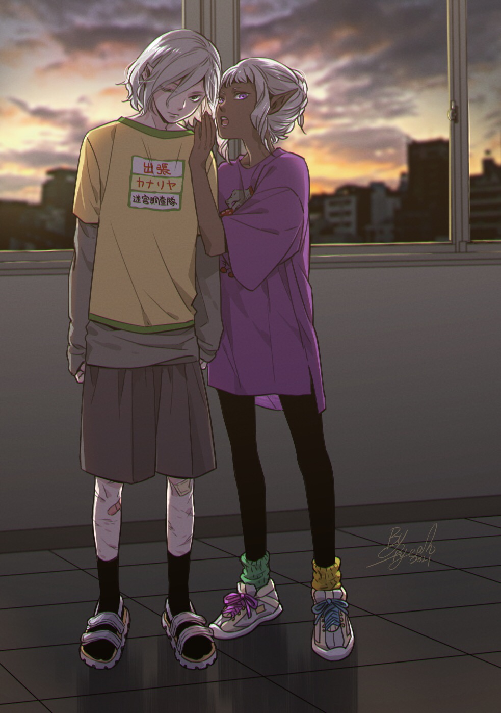 2boys androgynous arms_at_sides asymmetrical_footwear asymmetrical_legwear bandaid bandaid_on_leg black_leggings black_socks casual contemporary cross-laced_footwear dungeon_meshi elf flip-flops full_body green_socks grey_hair grey_shirt grey_shorts hair_between_eyes hand_up head_tilt highres indoors layered_sleeves leggings long_sleeves looking_at_viewer male_focus mismatched_footwear mismatched_legwear mithrun multiple_boys multiple_scars notched_ear open_mouth pointy_ears purple_eyes purple_shirt sandals scar scar_on_leg shirt shoes short_hair short_over_long_sleeves short_sleeves shorts sky sneakers socks standing thistle_(dungeon_meshi) tile_floor tiles twilight undershirt updo warlock1000 whispering window yellow_shirt yellow_socks