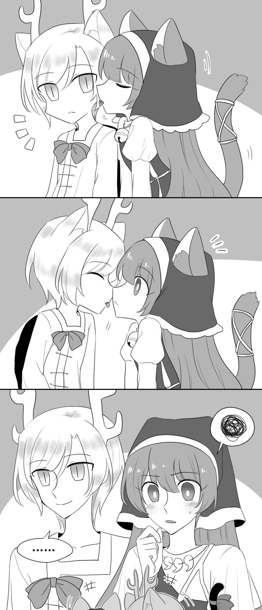 ... 2girls animal_ears antlers apron bell blush bow cat_ears cat_tail greyscale haniyasushin_keiki head_scarf highres jewelry jingle_bell kicchou_yachie licking licking_another's_cheek licking_another's_face long_hair magatama magatama_necklace mask_(boring_mask) monochrome multiple_girls necklace short_hair slit_pupils smile surprised tail tail_bow tail_ornament touhou turtle_shell yuri