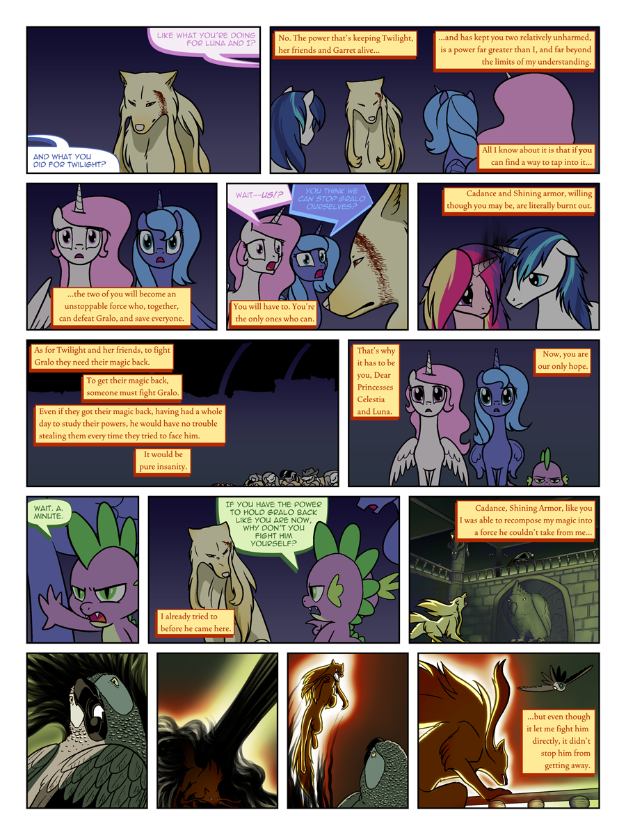 3:4 angry applejack_(mlp) arofa_nahmat arofatamahn avian bird canid canine canis castle_of_the_royal_pony_sisters dark darkness dialogue dragon drained drained_of_magic english_text equid equine exhausted eyebrows fatigued female feral flashback fluttershy_(mlp) flying friendship_is_magic garret gralo group gryphon hasbro head_wound hi_res horn jumping magic male mammal my_little_pony mythological_avian mythology narrowed_eyes orange_glow parrot pegasus pinkie_pie_(mlp) princess_cadance_(mlp) princess_celestia_(mlp) princess_luna_(mlp) raised_eyebrow shining_armor_(mlp) spike_(mlp) spread_wings text twilight_sparkle_(mlp) unicorn winged_unicorn wings wolf