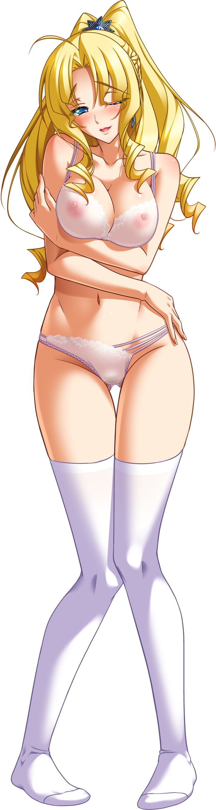 1girl absurdres akagi_rio arms_under_breasts asymmetrical_clothes blonde_hair blue_eyes blush bra breasts copyright_request full_body high_ponytail highres long_hair looking_at_viewer nipples one_eye_closed open_mouth panties photoshop_(medium) raised_eyebrows see-through solo standing tachi-e thigh_gap thighhighs transparent_background underwear white_bra white_panties white_thighhighs