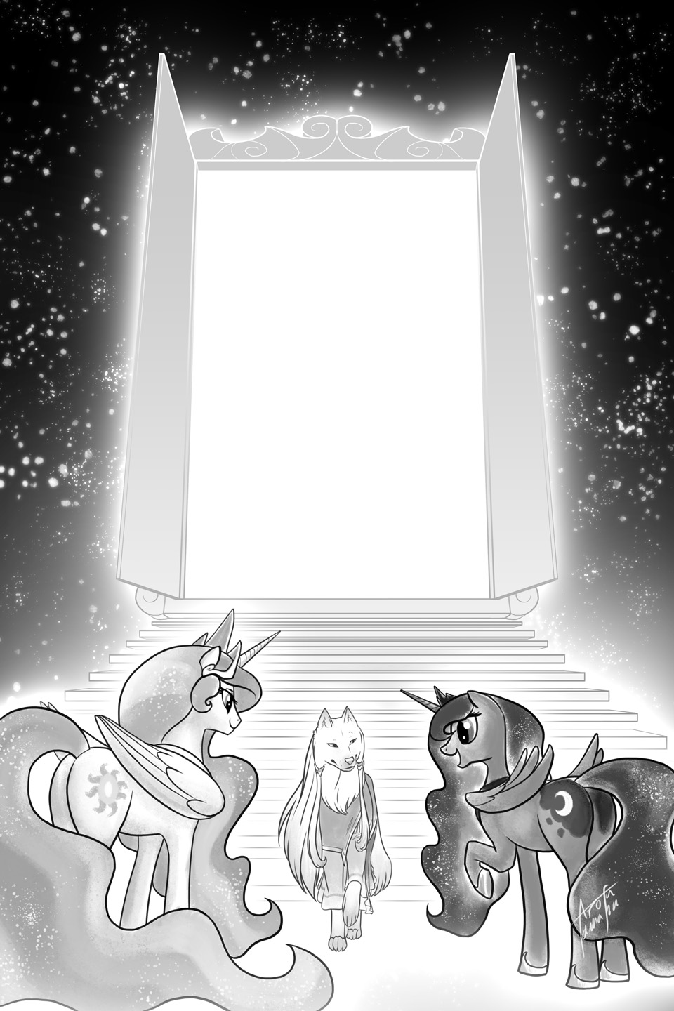 arofa_nahmat arofatamahn bright_light butt canid canine canis cutie_mark door equid equine female feral folded_wings friends friendship_is_magic group hasbro hi_res horn magic mammal my_little_pony no_dialogue open_door open_mouth princess_celestia_(mlp) princess_luna_(mlp) sibling sister sisters smile trio white_light winged_unicorn wings wolf