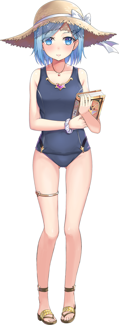 1girl anklet artwhirl_mahou_gakuen_no_otome-tachi bangs bare_legs blue_eyes blue_hair blush bracelet closed_mouth collarbone full_body grey_swimsuit hakuishi_aoi hat jewelry light_smile looking_at_viewer necklace one-piece_swimsuit parted_bangs scrunchie short_hair solo standing star_(symbol) star_necklace straw_hat sun_hat swimsuit transparent_background white_scrunchie wisteria_(artwhirl) wrist_scrunchie