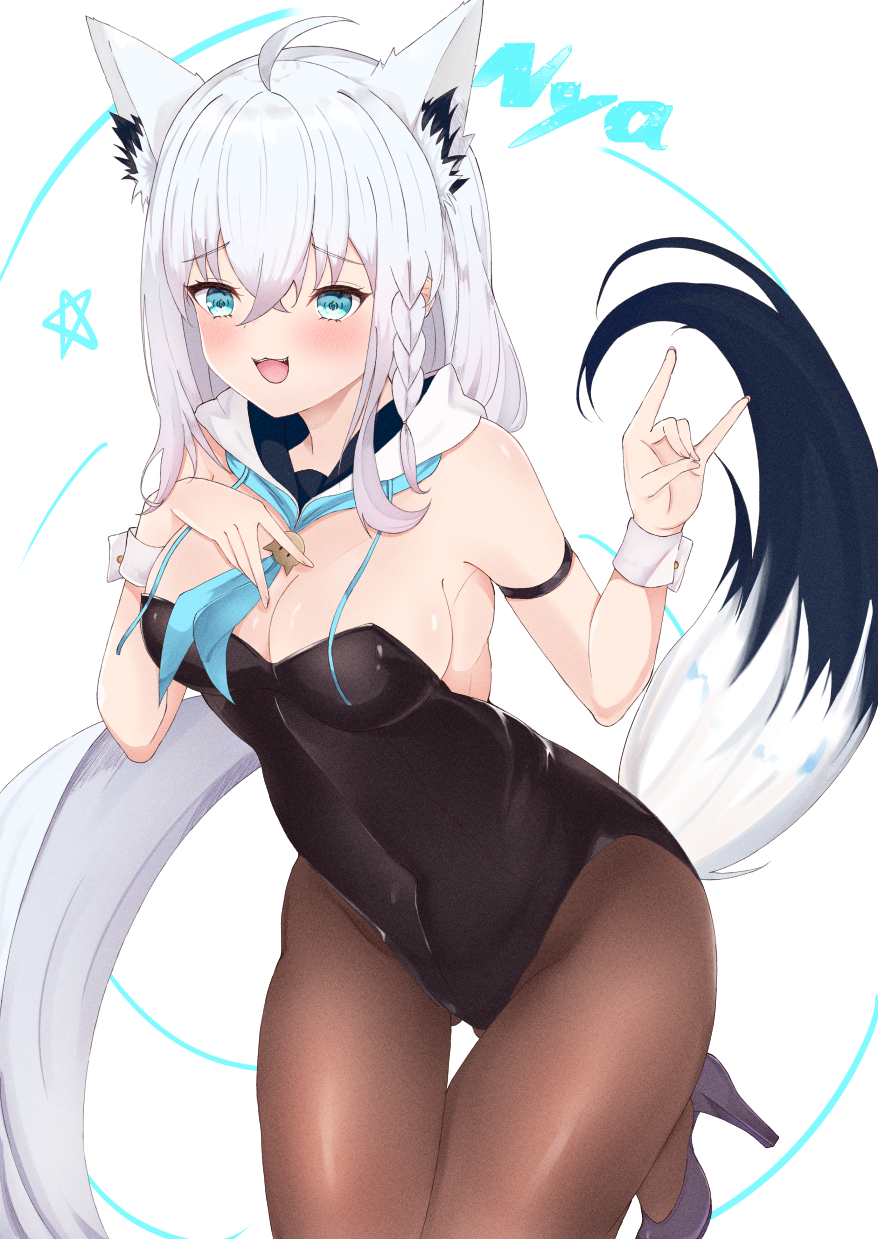 1girl ahoge animal_ear_fluff animal_ears arm_strap bangs black_leotard black_pantyhose blue_neckerchief blush braid breasts cleavage commentary_request extra_ears fox_ears fox_girl fox_shadow_puppet fox_tail from_side green_eyes grey_footwear hair_between_eyes high_heels highres hololive leg_up leotard long_hair looking_at_viewer medium_breasts neckerchief open_mouth pantyhose pentagram playboy_bunny shirakami_fubuki simple_background single_braid smile solo sumikoto tail very_long_hair virtual_youtuber white_background white_hair wrist_cuffs