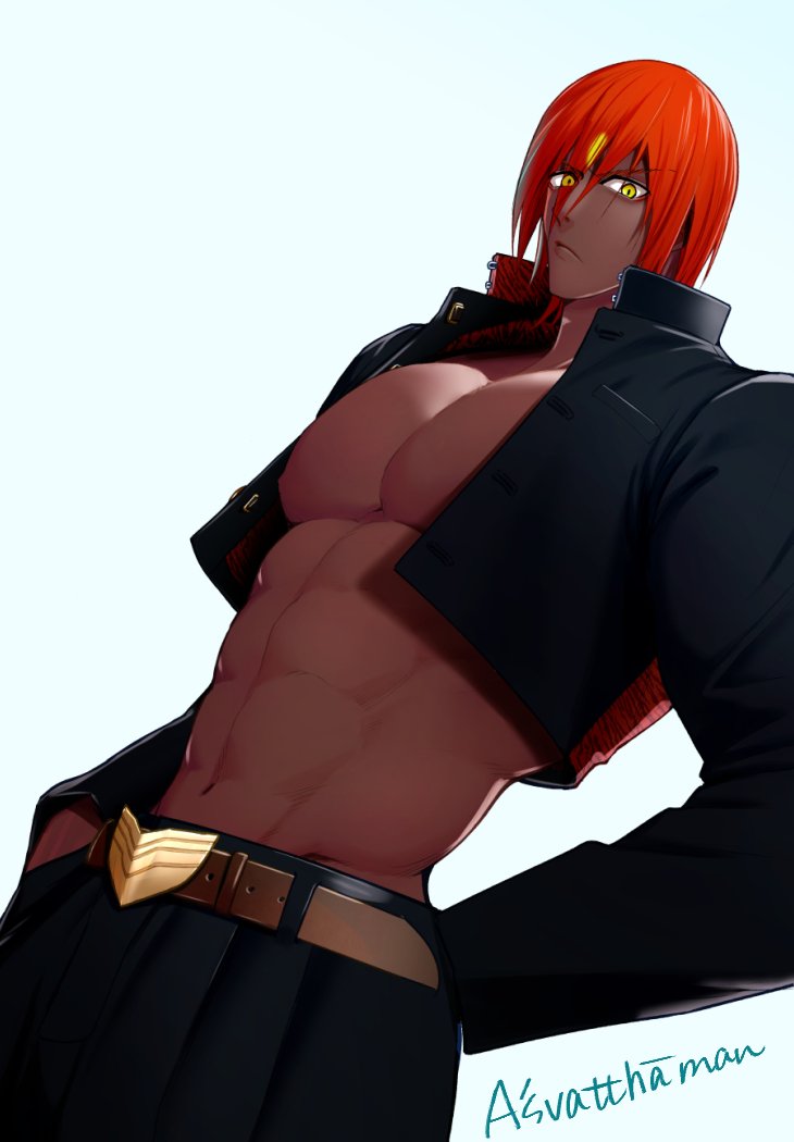 1boy abs arm_behind_back ashwatthama_(fate) bara dark-skinned_male dark_skin denim fate/grand_order fate_(series) feet_out_of_frame gem jacket jeans large_pectorals leather leather_belt leather_jacket long_hair looking_at_viewer male_focus manly mature_male meishou_(cantabile1222) muscular muscular_male no_shirt pants pectorals red_hair simple_background solo white_background yellow_eyes