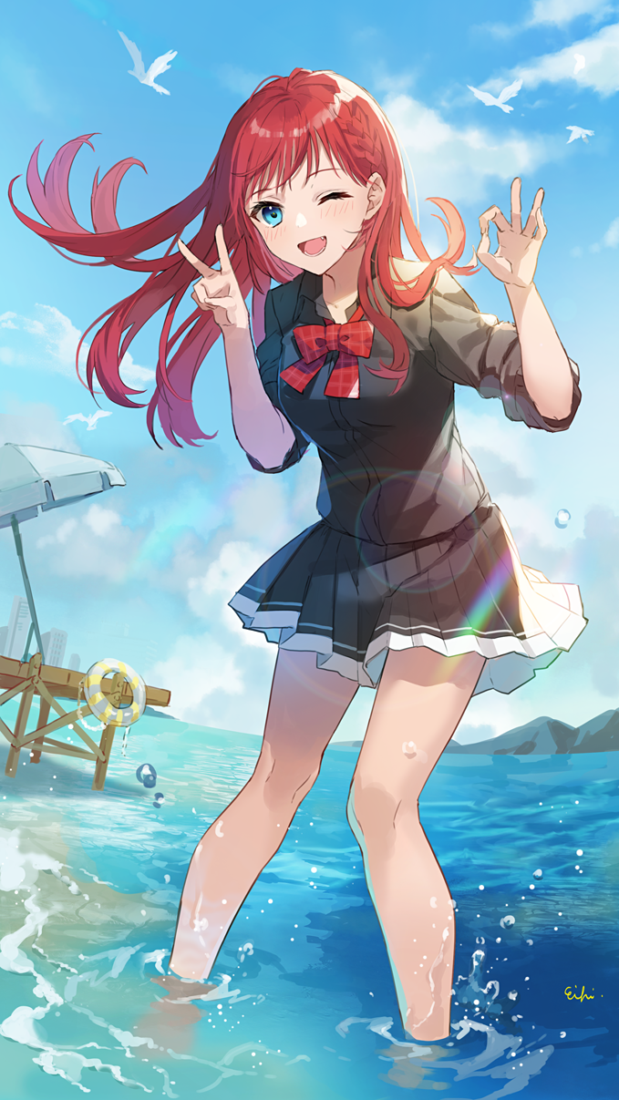 1girl ;d artist_name asahina_akane_(nijisanji) bangs black_shirt black_skirt blue_eyes blue_sky blush bow bowtie braid cityscape cloud collared_shirt commentary_request day eihi eyelashes fang floating_hair hands_up highres horizon in_water leaning_forward lens_flare lifebuoy long_hair looking_at_viewer miniskirt mountain nijisanji ok_sign one_eye_closed open_mouth outdoors plaid plaid_bow plaid_bowtie pleated_skirt red_bow red_bowtie red_hair shallow_water shirt sidelocks signature single_braid skirt sky sleeves_rolled_up smile solo standing swept_bangs teeth umbrella v virtual_youtuber water