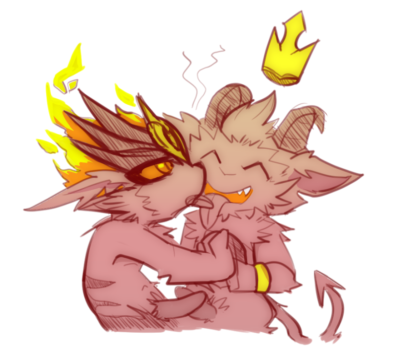 anthro anthro_on_anthro bracelet chest_tuft colored crown curved_horn demon devil_teemo_(lol) digital_media_(artwork) duo eyes_closed fire flaming_hair frottage fur fur_markings genitals hand_holding head_tuft headpiece horn imp jewelry kennen_(lol) kissing league_of_legends male male/male male_anthro markings mousesix open_mouth orange_eyes penis penis_size_difference pseudo_hair riot_games sex short short_anthro short_male simple_background smoke spade_tail teemo_(lol) teeth_showing tongue tongue_out touching_hand touching_penis tuft video_games white_background yordle