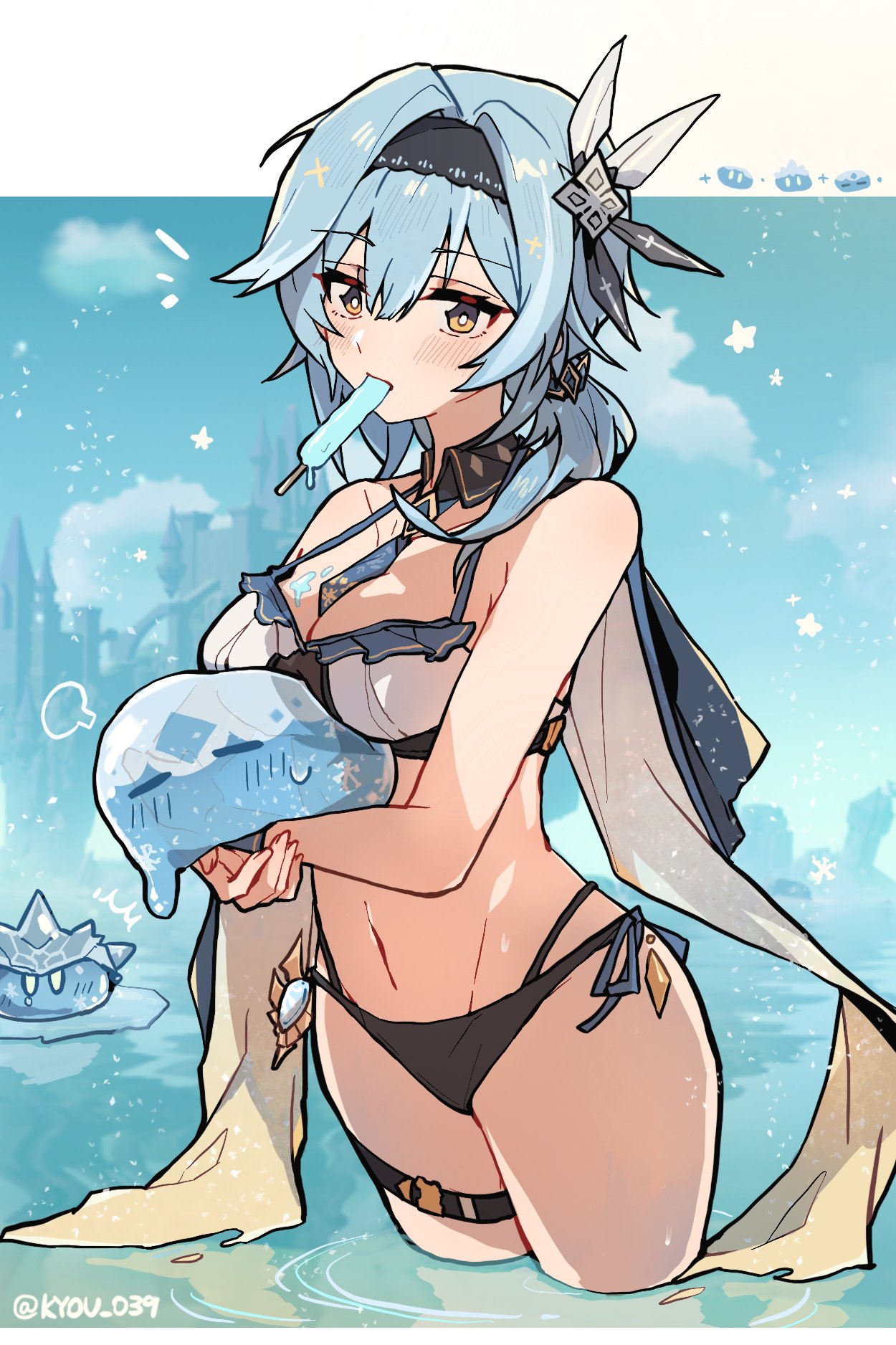 1girl =3 bangs bare_arms bare_shoulders bikini black_hairband blue_hair blue_necktie blue_sky blush breasts brown_eyes cleavage cloud day eula_(genshin_impact) food_in_mouth genshin_impact groin hair_between_eyes hair_ornament hairband highres kyou_039 looking_at_viewer medium_breasts medium_hair mismatched_bikini mouth_hold navel necktie outdoors sky slime_(genshin_impact) standing stomach swimsuit thigh_strap thighs wading water