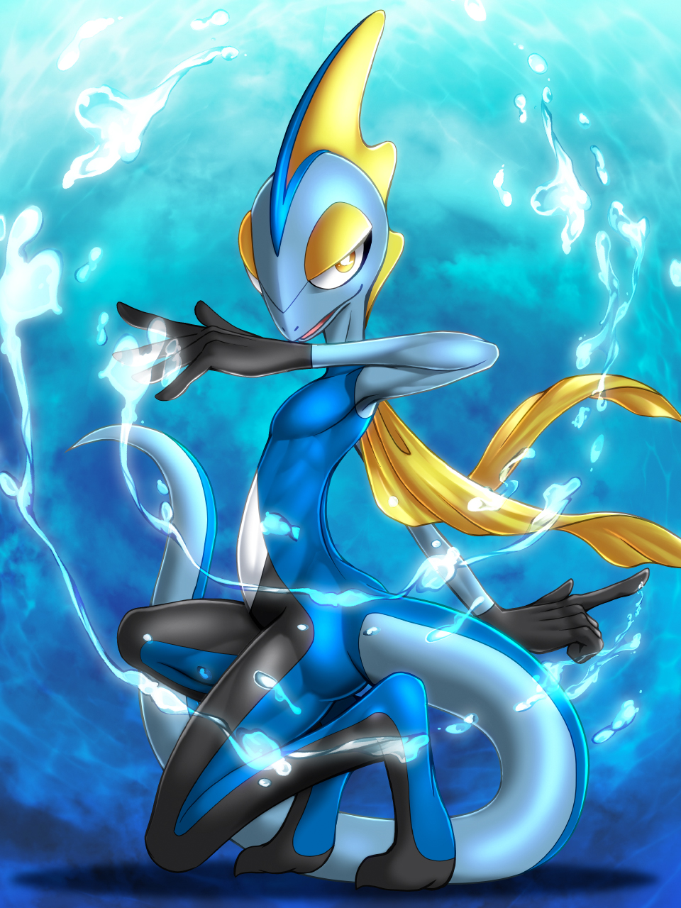 anthro athletic athletic_anthro athletic_male black_body blue_body colored digital_media_(artwork) elemental_manipulation feet fingers frill_(anatomy) head_crest head_frill hi_res inteleon kneeling lizard lizard_tail long_fingers male markings ninja_fiction nintendo open_mouth pok&eacute;mon pok&eacute;mon_(species) reptile scalie solo tall toned_body toned_calves toned_muscles toned_stomach toned_thighs video_games water water_manipulation yellow_body yellow_eyes