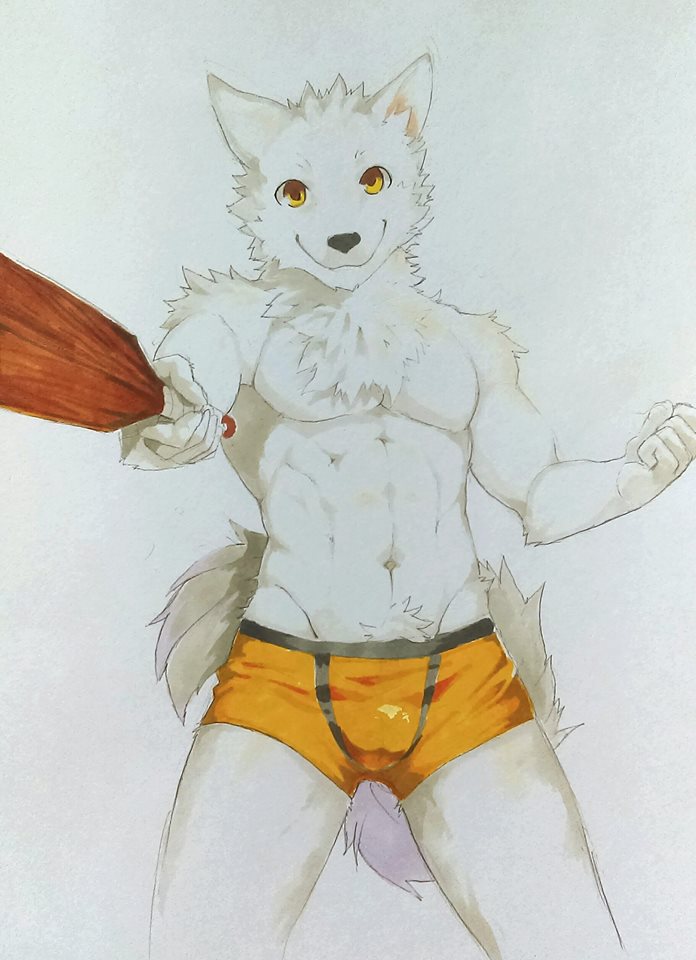 anthro athletic athletic_anthro athletic_male black_nose bulge canid cheek_tuft chest_tuft clothing facial_tuft front_view fur glistening glistening_eyes holding_object holding_paddle looking_at_viewer male mammal monotone_body monotone_fur navel orange_clothing orange_eyes orange_underwear paddle shoulder_tuft smile solo t.y.stars traditional_media_(artwork) tuft underwear white_body white_fur white_tail