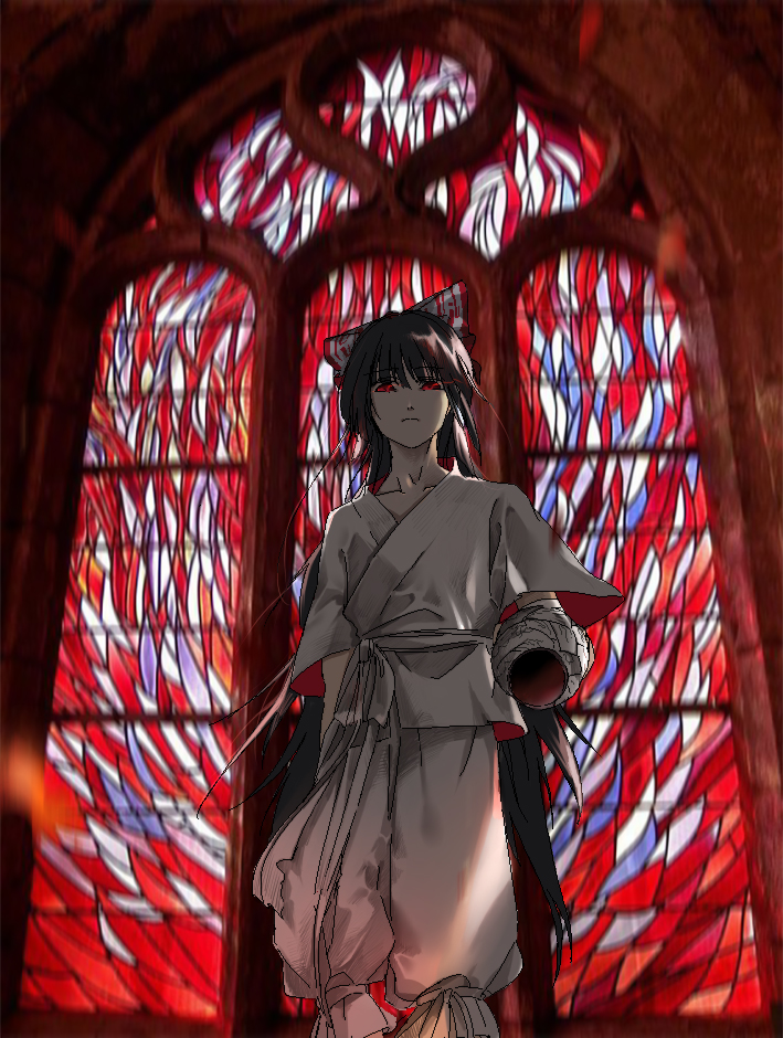 1girl arms_at_sides black_hair blurry blurry_background bow chinese_commentary closed_mouth collarbone commentary_request elysie feet_out_of_frame frown fujiwara_no_mokou fujiwara_no_mokou_(young) glowing glowing_eyes hair_bow holding holding_jar jaggy_lines jar long_hair looking_at_viewer pants red_eyes ribbon shirt solo stained_glass touhou very_long_hair white_bow white_pants white_ribbon white_shirt window