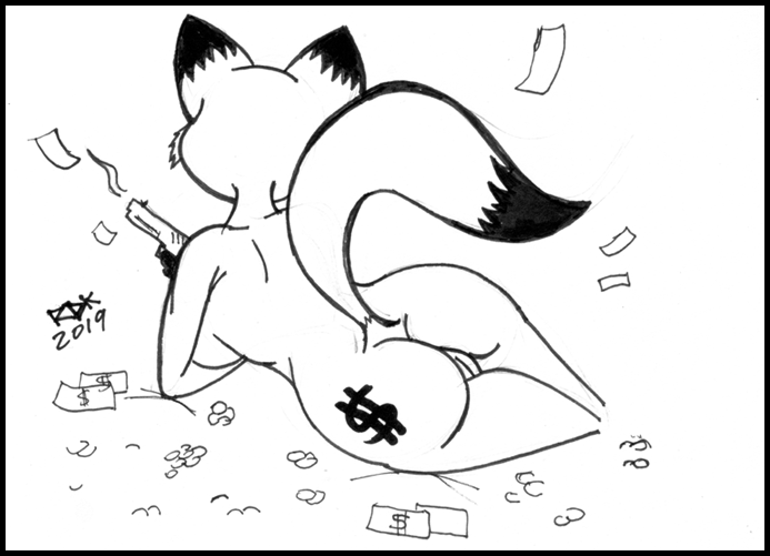 anthro butt canid canine currency_symbol dollar_sign female fox genitals gun inks mammal miss_fortune_(disambiguation) monochrome nude pussy ranged_weapon reddragonkan simple_background solo symbol traditional_media_(artwork) weapon