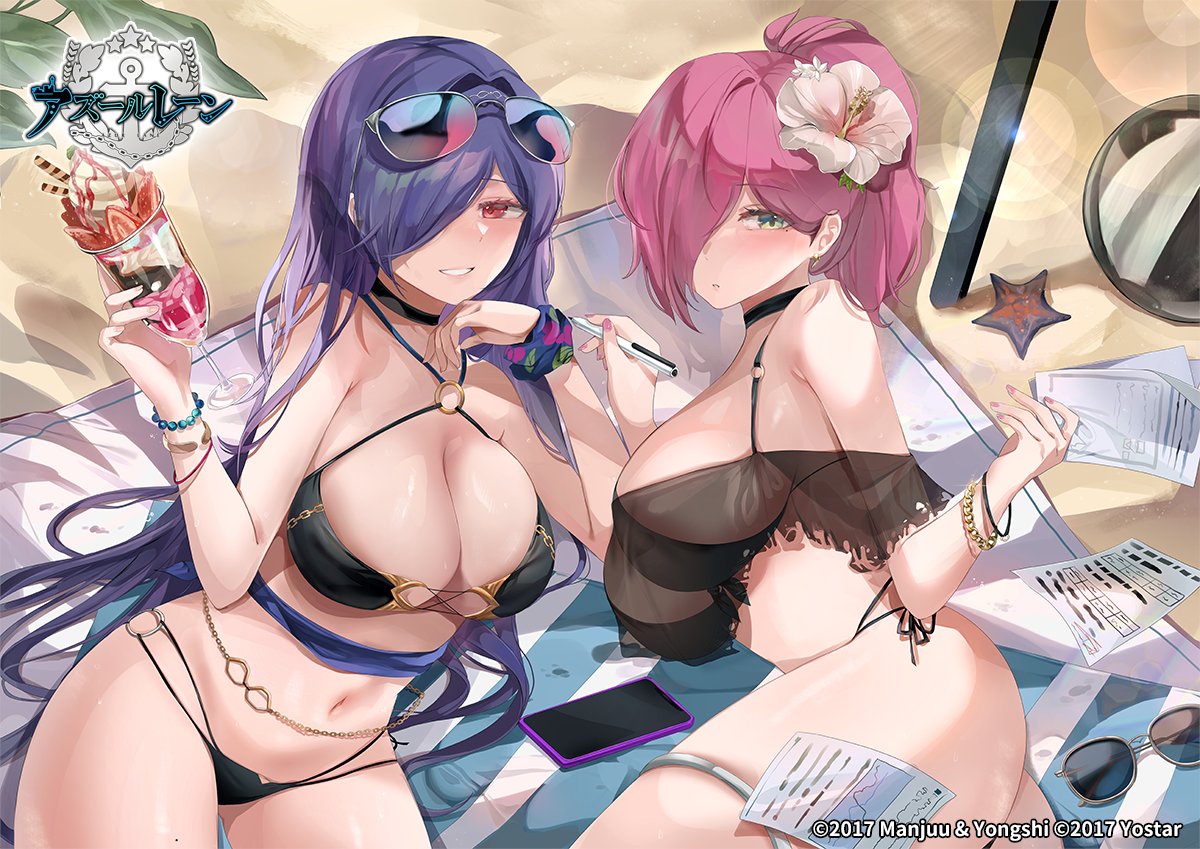 2girls artist_request azur_lane bangs bare_shoulders beach_towel bikini black_bikini blue_hair blush bracelet breasts cellphone choker cleavage commentary_request eyewear_on_head fingernails flower food green_eyes hair_flower hair_ornament hair_over_one_eye hibiscus holding ice_cream ice_cream_cup jewelry large_breasts logo long_hair looking_at_viewer mechanical_pencil multiple_girls nail_polish navel o-ring o-ring_bikini official_art paper parted_lips pencil phone pink_hair ponytail red_eyes shiny shiny_hair shiny_skin smile starfish stomach sunglasses swimsuit thighs towel trento_(azur_lane) trieste_(azur_lane)