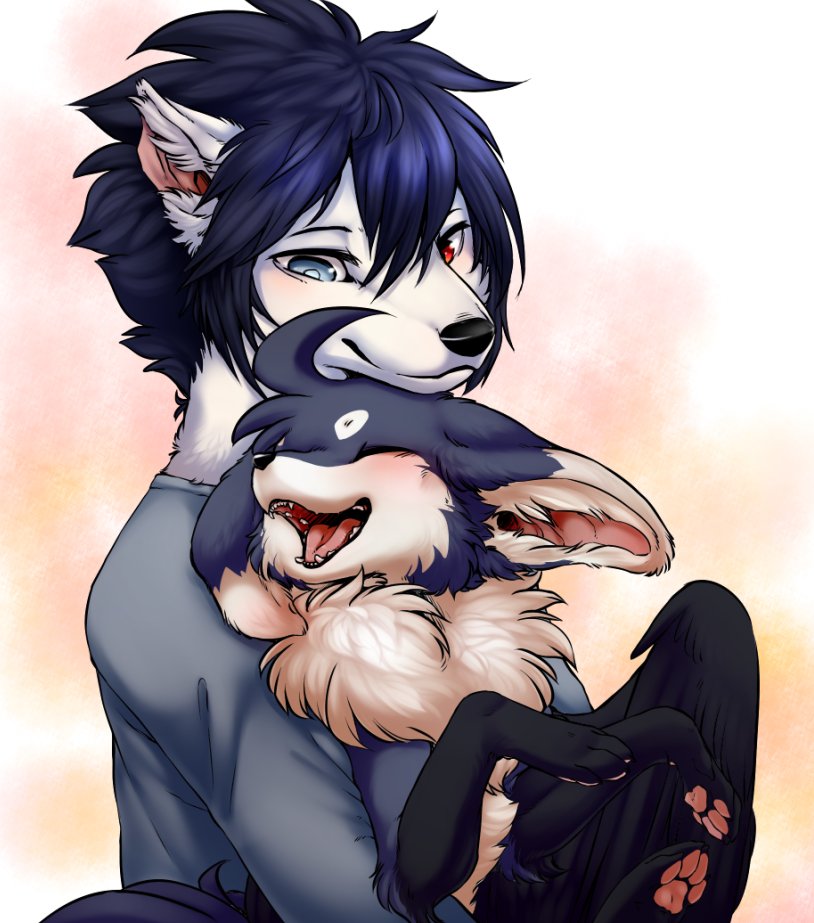 2019 anthro black_body black_fur black_hair canid canine clothed clothing duo embrace eyes_closed feathered_wings feathers female fox fur grey_body grey_fur hair heterochromia hug ingi ingi_(character) inner_ear_fluff kemono looking_at_another male mammal neck_tuft open_mouth pawpads pink_pawpads simple_background tuft white_body white_fur wings