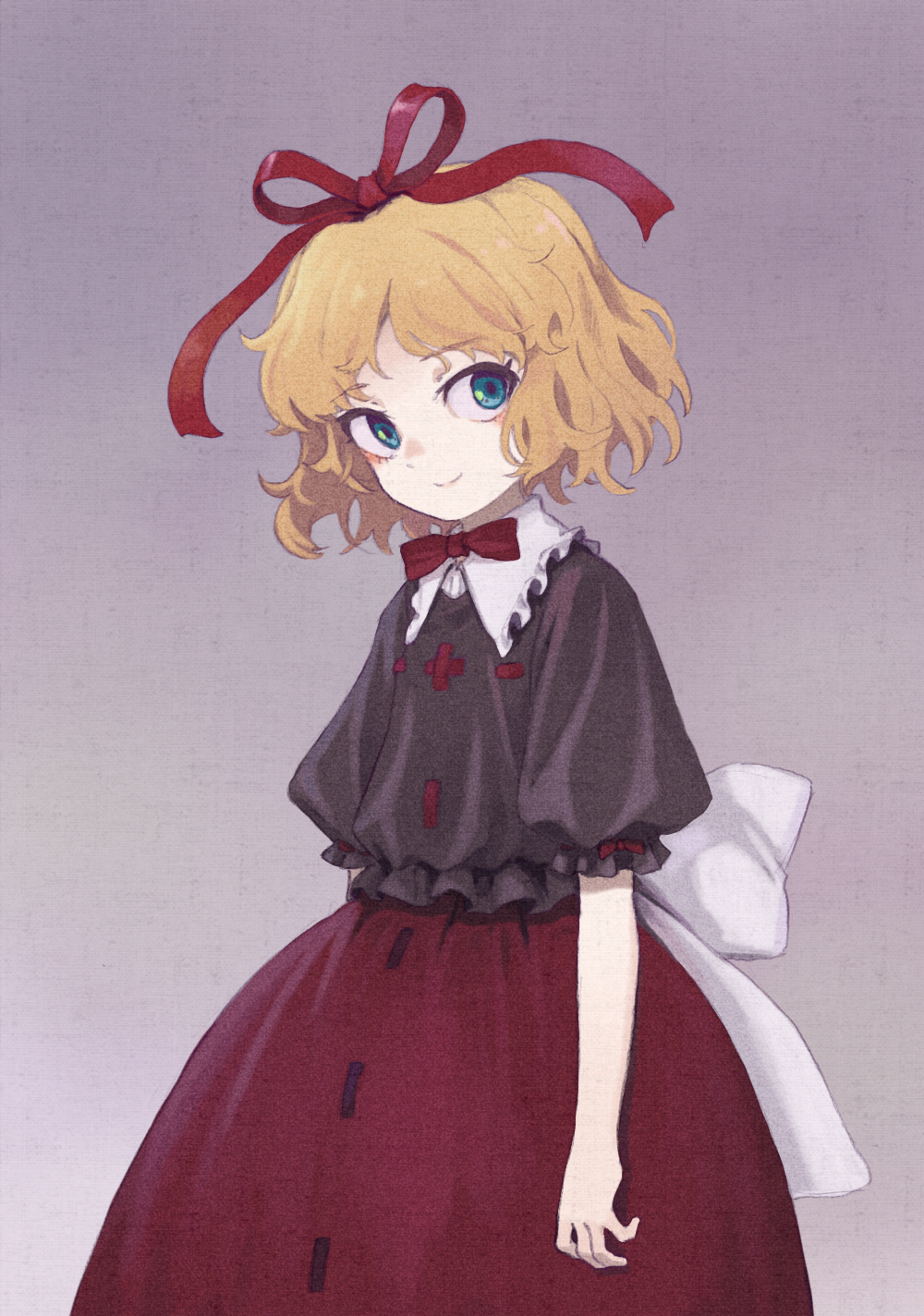 1girl bangs blonde_hair blue_eyes bow bowtie curly_hair dress dress_bow frilled_shirt_collar frills gradient gradient_background grey_shirt hair_bow highres looking_to_the_side marker_(medium) medicine_melancholy medium_hair parted_bangs puffy_sleeves purple_background red_bow red_bowtie red_dress shiratama_(hockey) shirt smile solo touhou traditional_media white_bow