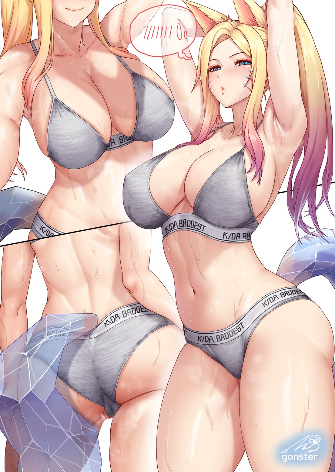 1girl ahri_(league_of_legends) animal_ears armpits arms_up ass back bikini blonde_hair blush breasts cleavage gonster grey_bikini highres hot k/da_(league_of_legends) large_breasts league_of_legends long_hair looking_at_viewer multicolored_hair multiple_views parted_lips ponytail sidelocks signature smile sports_bikini stomach summer sweat swimsuit tail thick_thighs thighs two-tone_hair white_background