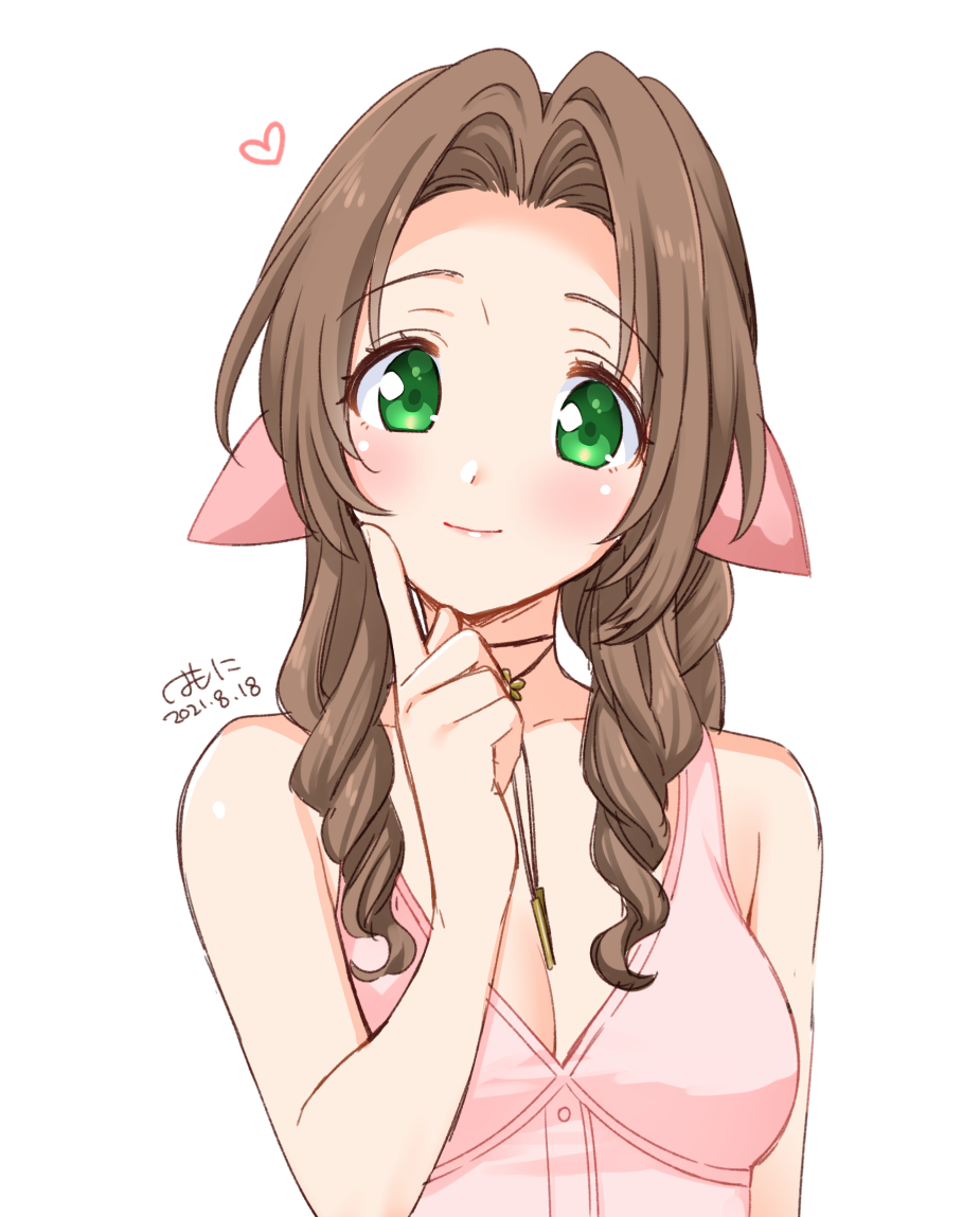 1girl 2021 aerith_gainsborough bare_arms bow breasts brown_hair choker cleavage closed_mouth collarbone dated final_fantasy final_fantasy_vii green_eyes hair_bow hair_intakes heart index_finger_raised krudears long_hair looking_at_viewer pink_bow pink_shirt ribbon_choker shiny shiny_hair shirt simple_background sketch sleeveless sleeveless_shirt small_breasts smile solo upper_body white_background